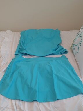Turquoise Two-Piece Swim Set - Skirted Bottom & Bandeau Top
